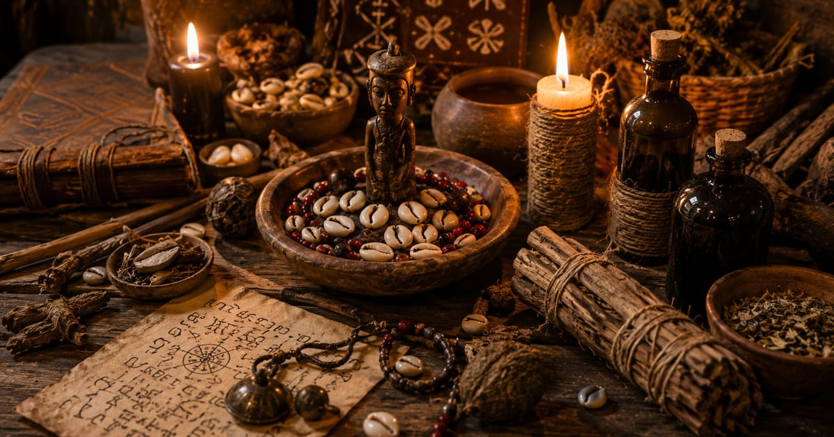 Autel traditionnel : statuette rituelle, cauris, bougies et parchemin ancien