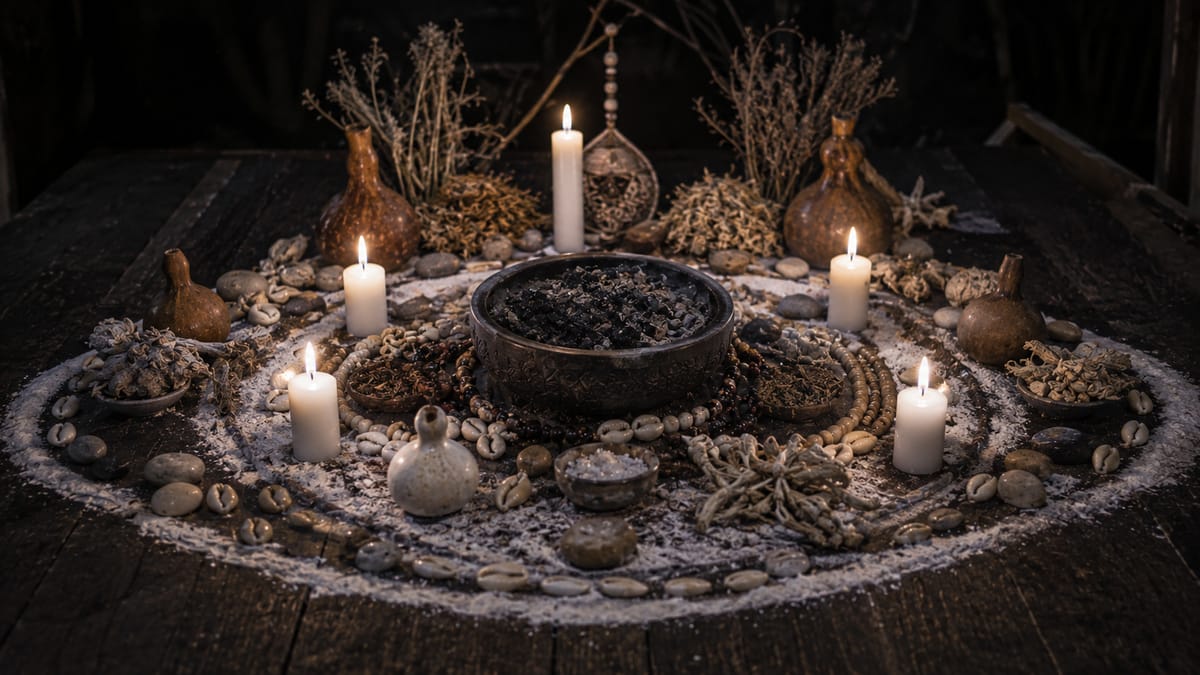 Cercle rituel tracé au sel, bougies, cauris et gourdes disposés sur une table sombre