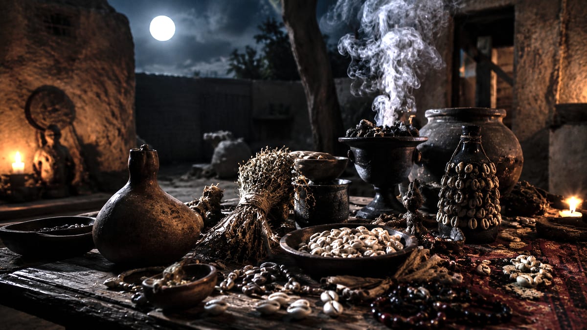 Cour d'une maison sous la pleine lune, encens fumant près des offrandes posées à même la terre