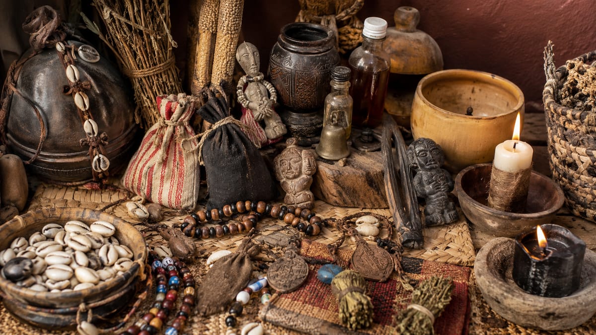 Amulettes, sachets de gris-gris et médailles de protection à la lueur des bougies