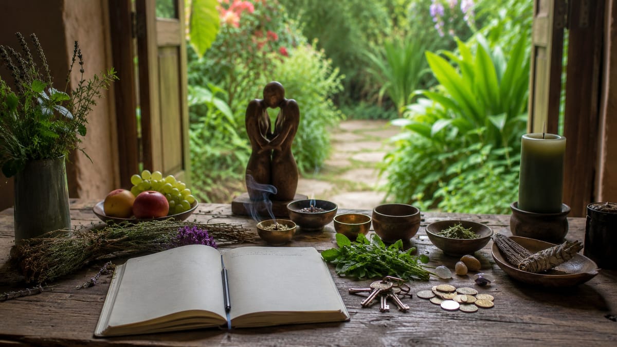 Statuette d'un couple enlacé sur une table en bois, carnet ouvert et clés anciennes devant un jardin