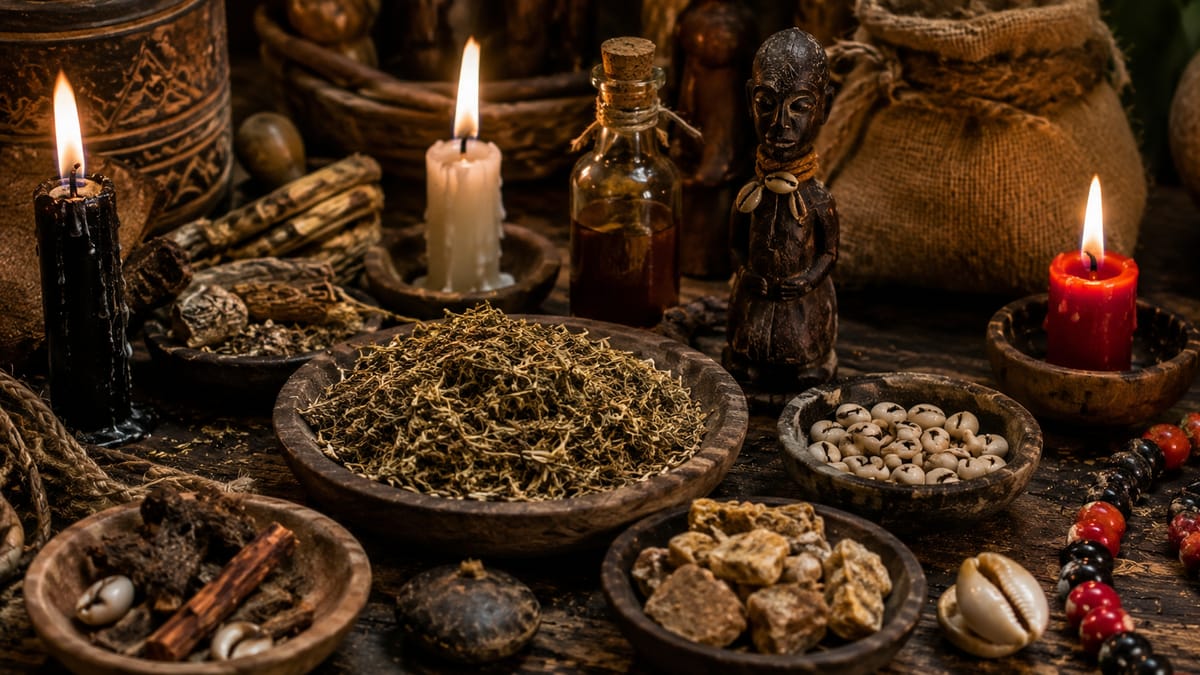 Bougies blanches et rouges, fiole d'huile et statuette rituelle préparées pour un travail d'attachement