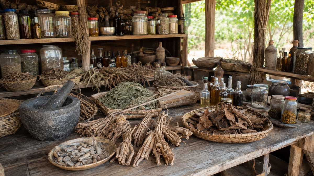 Étal de plantes, racines et fioles sous un auvent de bois, à la lumière du jour